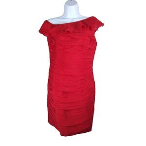 Carmen Marc Valvo Red Silk Ruched Cocktail Dress Size 8